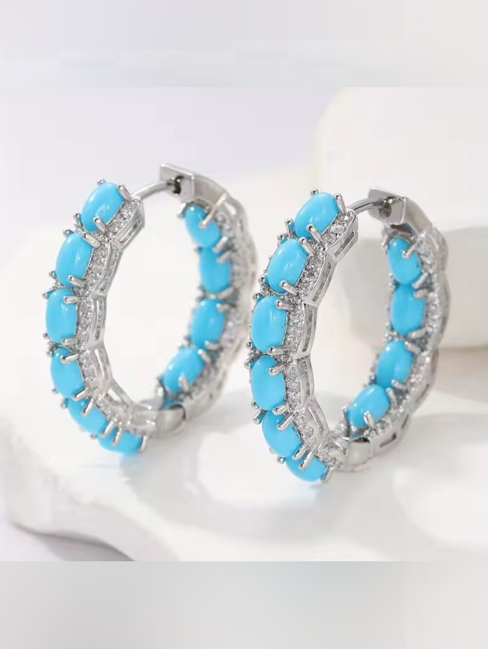 White Rhodium Turquoise Hoop Earrings